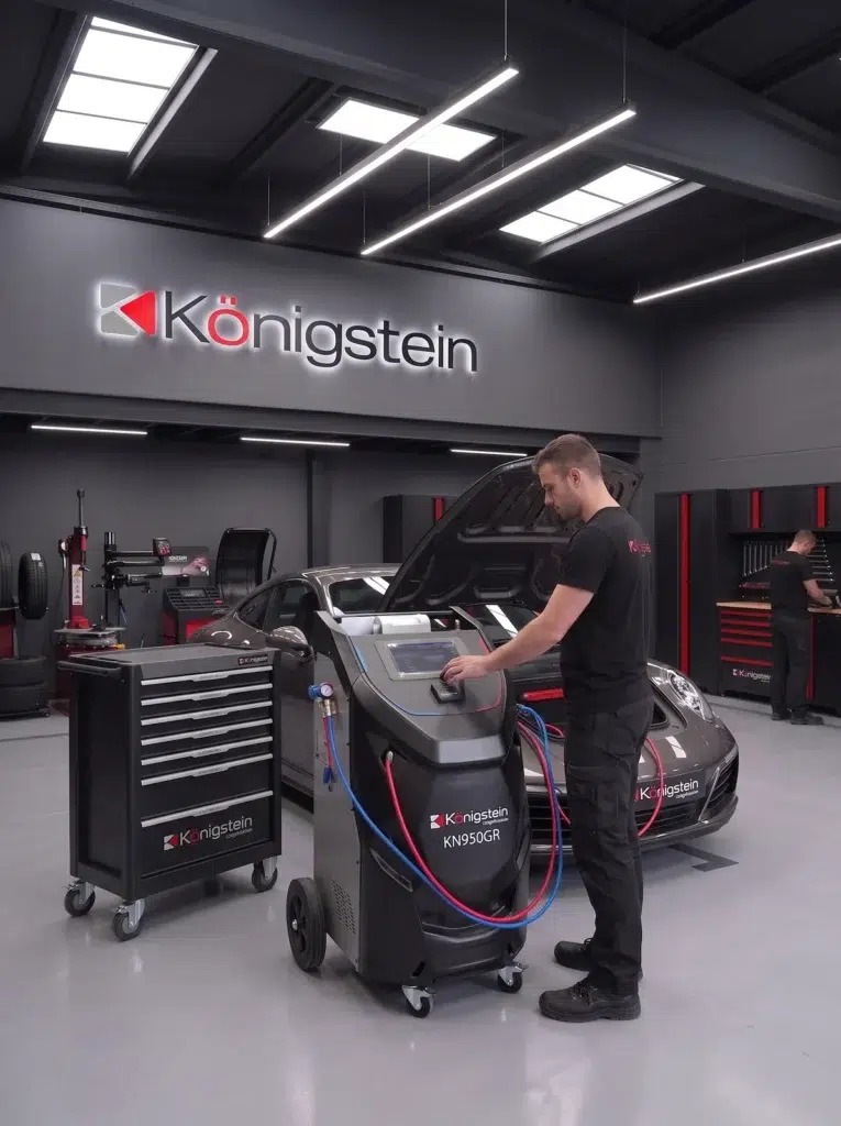 Técnico usando una estación de carga de aire acondicionado Königstein