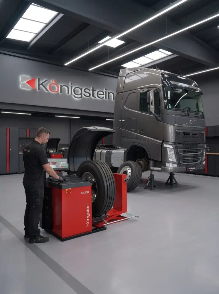 Equilibradora de ruedas de camión Königstein junto a un camión en el taller